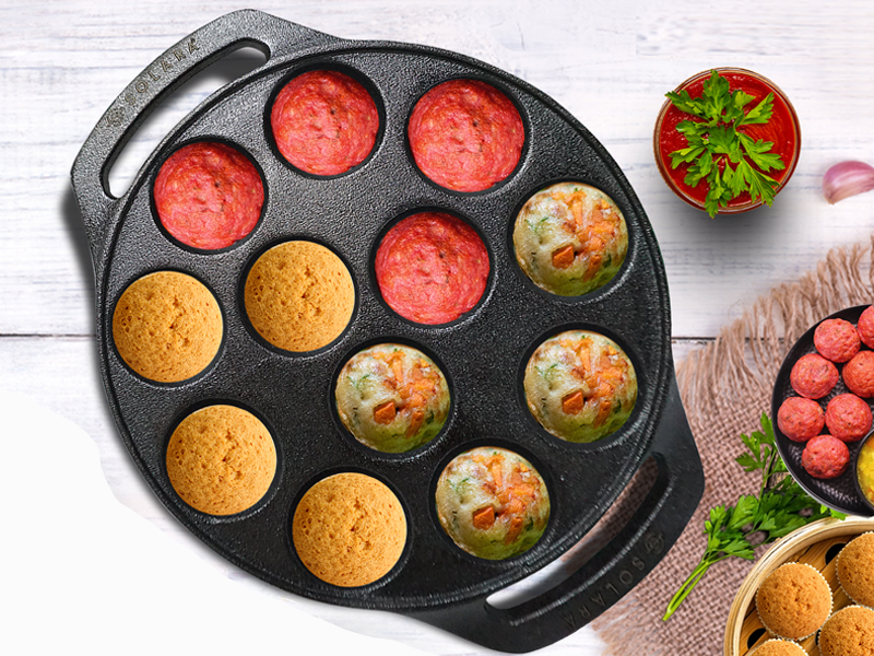 SOLARA Cast Iron 8" inch (20 CM) Paniyaram Pan (12 Cavities) | Pan for Appe/Gunta Ponganalu/Paddu | Cast Cookware