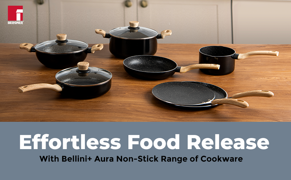 BERGNER Bellini Plus Aura 5-Layer Non-Stick 30 cm Dosa Tawa, Soft Touch Wooden Finish Handle, Food Safe, PFOA Free, Even Heat Distribution, 4mm Thickness, Induction Bottom, 1-Year Warranty, Black