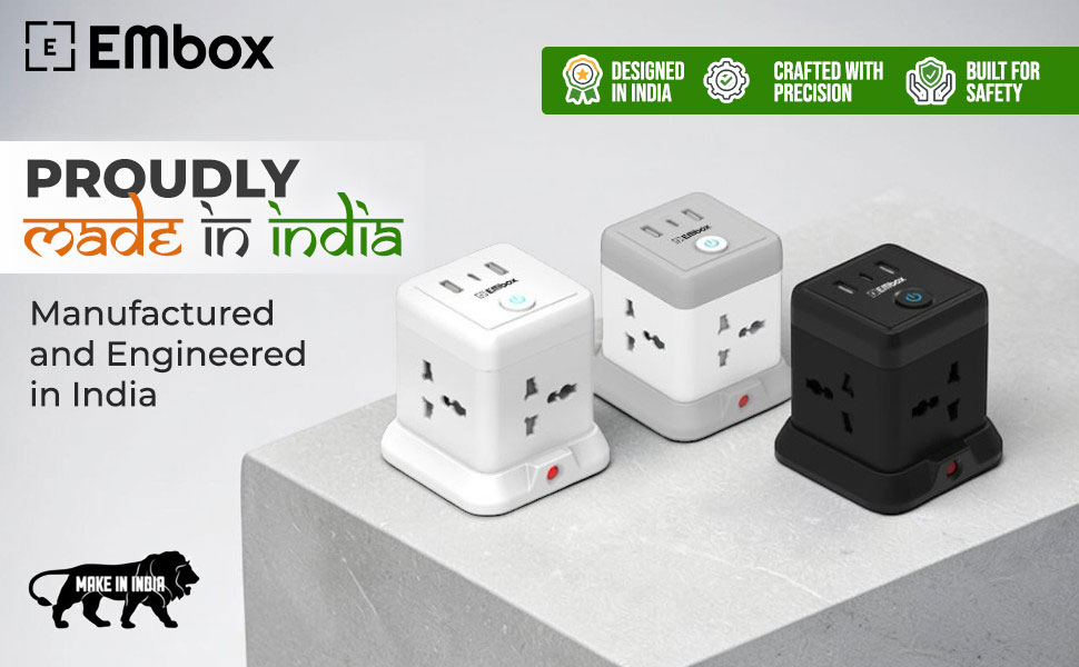 EMBOX Cube Extension Board with USB Type C (2.4 A) (QC 3.0) | 2500W Heavy Duty Extension Board with Switches | Extension Cord with Universal Sockets Safety Shutter & Overload Protector, 2 Meter