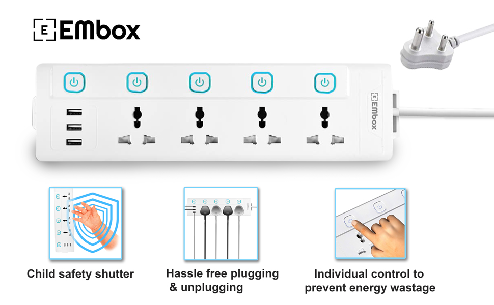 EMBOX Extension Board with USB (2.4 A)| Extension Board with Switches Spike Guard | Universal Sockets, LED Indicator 2500W, 2 Meter Extension Cord