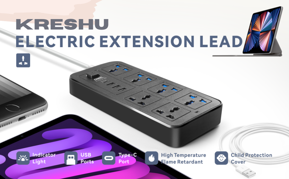 KRESHU High Power Strip with 6 AC Sockets | 3 USB, 1 Type-C Port 6FT Extension Sockets Cord Protector Charging Electrical Power Button Heavy Duty Support for Home/Office/Kitchen/PC (Black, Pack of 1)