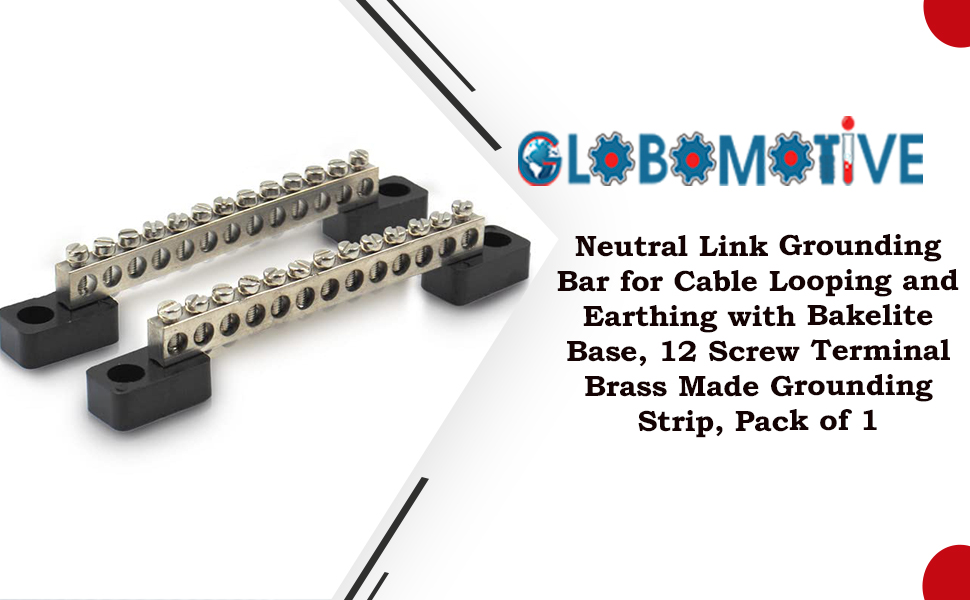 GLOBOMOTIVE 12 Ways Neutral Link Grounding Bar for Cable Looping and Earthing with Bakelite Base, 12 Screw Terminal Brass Made Grounding Strip, Pack of 2
