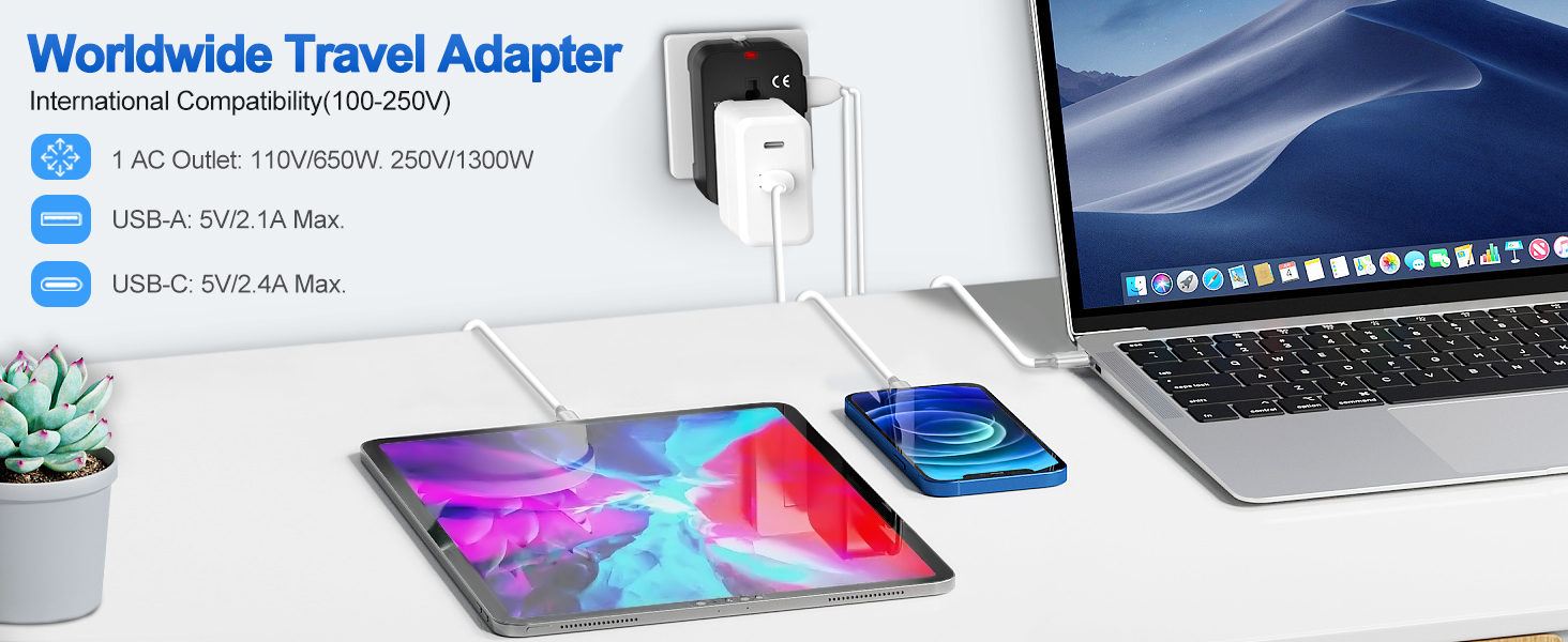 rts Fast Charging Type C (USB C) 5 in 1 Universal Charger Adapter, International All in one Worldwide Adapter Plug, Universal Travel Adapter with 2.4A, for 224+ Countries US,UK,EU,AUS, Mobile,Laptop