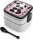 Cute Panda Bento Box Double Layer Lunch Box for Adults with Spoon And Handle Stackable Lunchbox Leakproof Lunch Container for Work Picnic Travel