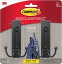 Command Large Matte Black Double Hooks, 2 Hooks and 2 Command Strips, Damage Free Hanging Wall Hooks with Adhesive Strips, No Tools Coat Hooks for Hanging Home Decor, Holds up to 4 lb