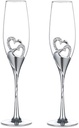 Wedding Champagne Glass Set Silver Toasting Flute Glasses Pack of 2 with Rhinestone Rimmed Hearts Decoration for Wedding, Anniversary and Special Occasions