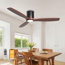Natual Solid Wood Ceiling Fan with Light 52 Inch, Low Profile, Remote Control, Noiseless, Reversible, 6CCT, Dimmable, 6 speeds, Timeable, Flush Mount Ceiling Fans with Lights for Living Room