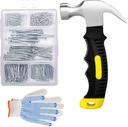 376pcs Hardware Nails Assortment Kit with 8oz Small Claw Hammer, Mini Hammer with Anti-Slip Handle, Maximum Length 2 Inches, Finishing Nails for Hanging Pictures, Household & DIY
