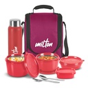 MILTON Pro Ebéd doboz acél evőeszköz, 3 Mikrohullámú széf belső acél konténerek (180 ml, 320 ml, 450 ml), Plastic Chutney Dabba, 100 ml, palack, 750 ml szigetelt táska, Office Tiffin, Maroon