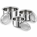 Vinod Stainless Steel Tope Set Lid, 3 Pieces, 1L 1.4L 1.8L, Heavy Sandwich Bottom, Induction & Gas Commerble, Mosogatógép Safety Stackable Patila Cookware Set for Everyday Boiling and Cooking Needs