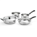 Lifelong 4 Pc Stainless Steel Cookware Set | 2.2L Kadhai with Lid 22cm | 1.4L Fry Pan 22cm | 1.2L Saucepan 14cm |1.4L Tope 16cm | Comes with Common Lid | Induction & Gas Compatible |Bakelite Handles