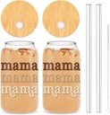 Whaline Gifts for Mother from Daughter Boho Mama Drinking Glasses with Bamboo Lids and Straw 2Pcs Mothers Day Gift Ice Coffee Cup for Cocktails Whiskey Beer Soda Mother Gift