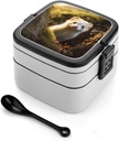 Cute Weasel Bento Box - Double Layer, Leakproof Food Containers with Partition & Spoon, Stackable Lunch Box for Office, Travel, Camping