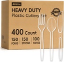 400 Count Heavy Duty Plastic Silverware, BPA-Free, Clear Plastic Cutlery Set, Premium Disposable Utensils for Party Everyday Use, 150 Forks, 150 Spoons and 100 Knives
