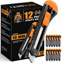 REXBETI 12- Pack Utility Knife, Retractable Box Cutter for Cartons, Cardboard and Box, 18mm Wider Razor Sharp Blade, Smooth Mechanism, Perfect for Office and Home use