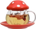 Mushroom Cup Glass Tea Cup with Lid Tray Strainer Filter Infuser for Loose Leaf Tea Cute Tea Mug in Color Printing Gift Box 11oz (Orange)
