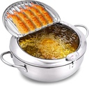 Deep Fryer Pot, 304 Stainless Steel Japanese Frying Pot with Oil Drain Temperature Control and Lid for Kitchen Stove Induction Cooker for Kitchen French Fries, Chicken etc