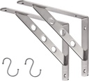 YUMORE Stainless Steel Shelf Bracket 10", Heavy Duty Solid Shelf Support Corner Brace Joint Right Angle Bracket, L Bracket with 2 S Hook, 2 Pack