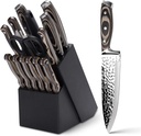 Kitchen Knife Set,15-Piece Knife Set With Block Wooden,Self Sharpening For Chef Knife Set,High Carbon Japan Stainless Steel Hammered Collection Knife Block Set with Steak Knives (Gray)